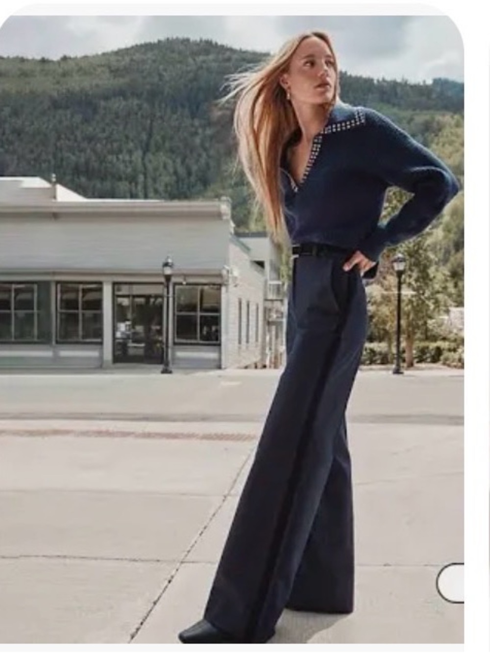 LOFT Navy Wide-Leg High-Rise Jeans with black velvet strip down the sides .
